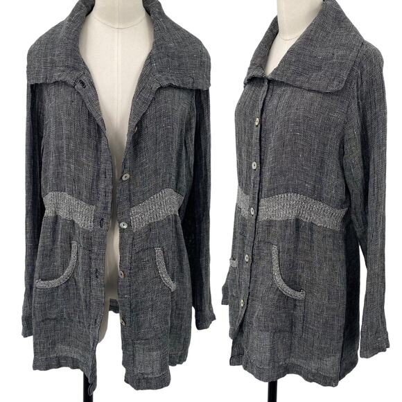 Fenini Linen Jacket Button Down Wide Collared Longline Pockets Grey Womens XS - Picture 1 of 8